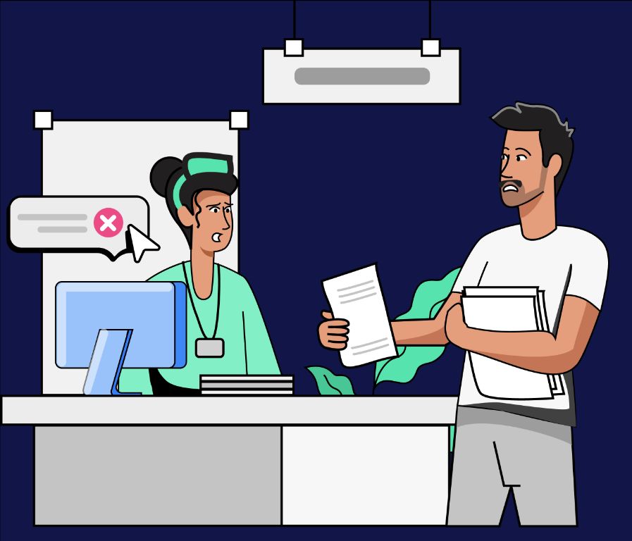 Illustration of a patient interacting with healthcare staff at a desk